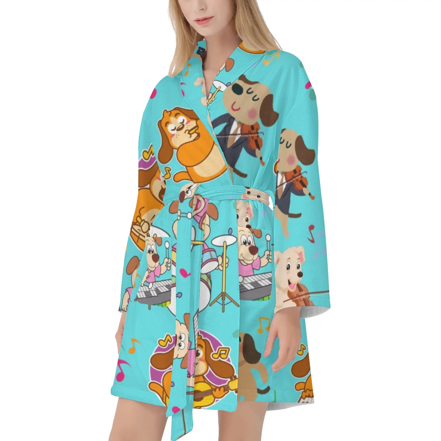 Dogs Playing Music Womens Short Bathrobe