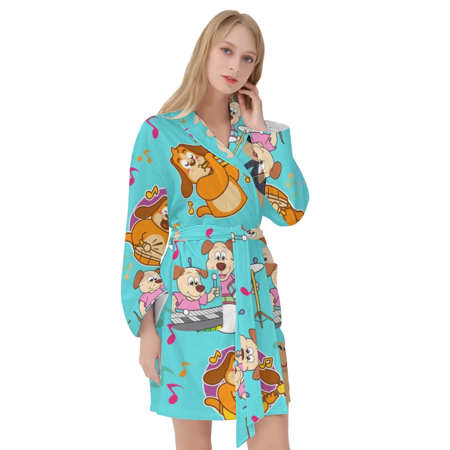 Dogs Playing Music Womens Short Bathrobe