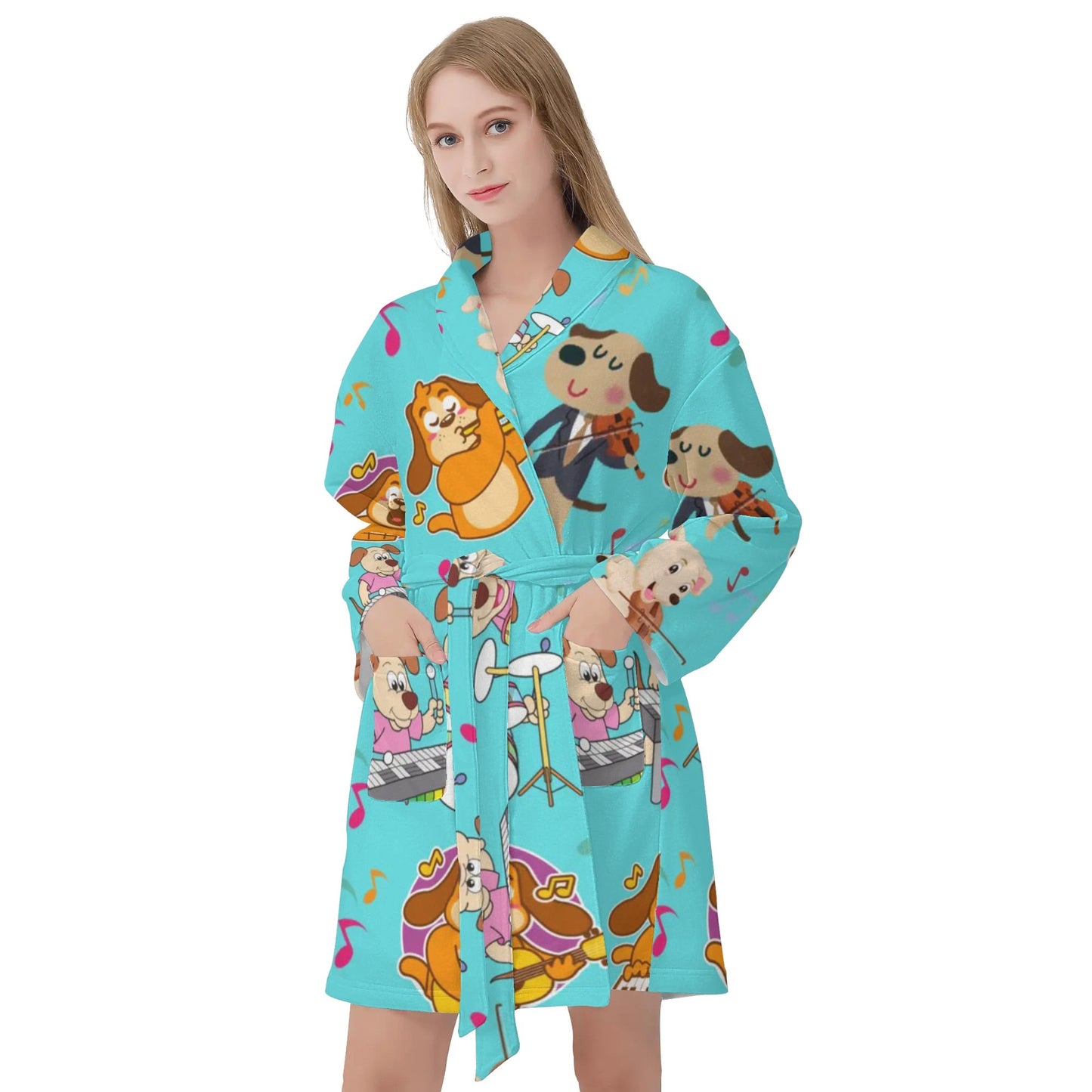 Dogs Playing Music Womens Short Bathrobe