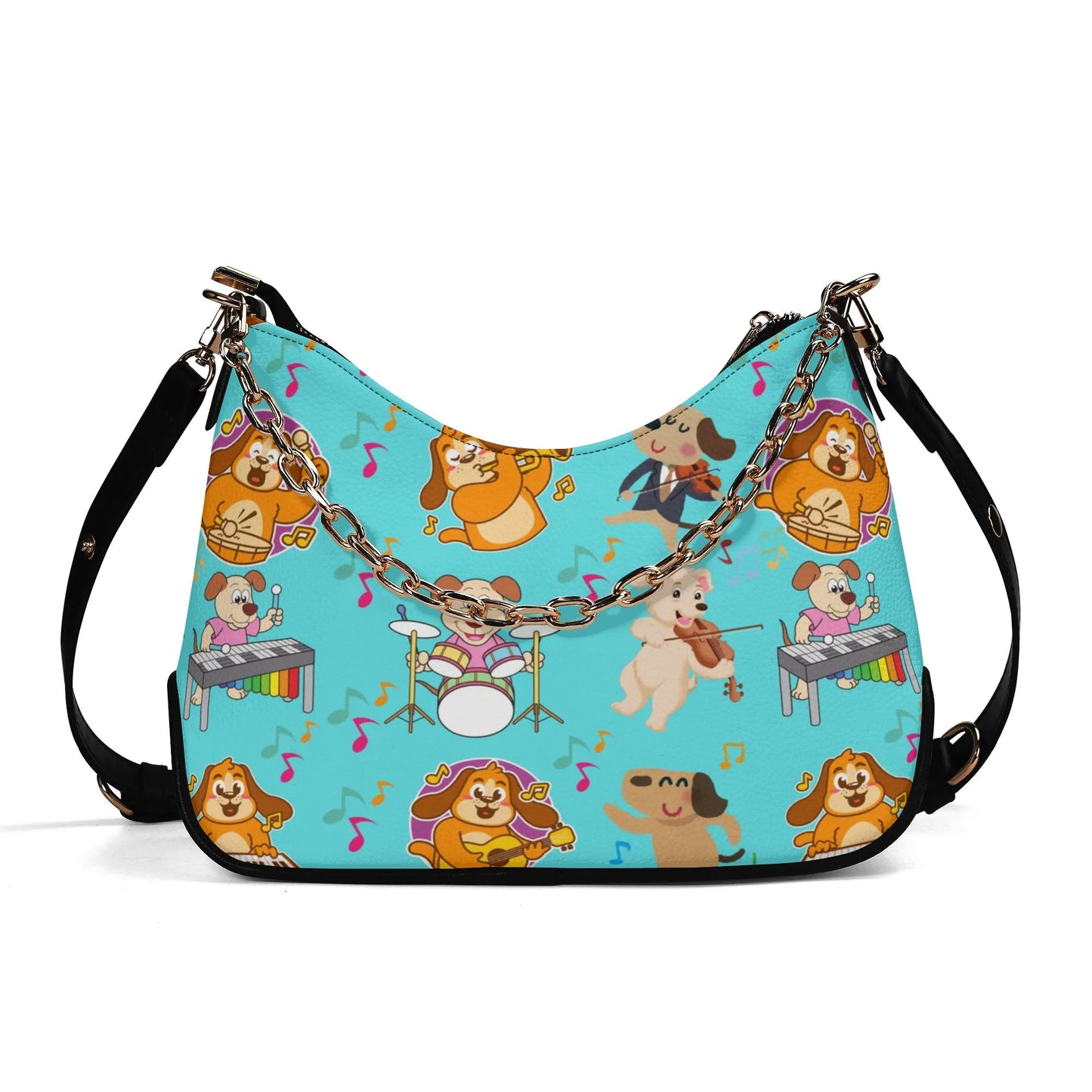 Dogs Playing Music Blue Lady PU Shoulder Bag With Chain Decoration