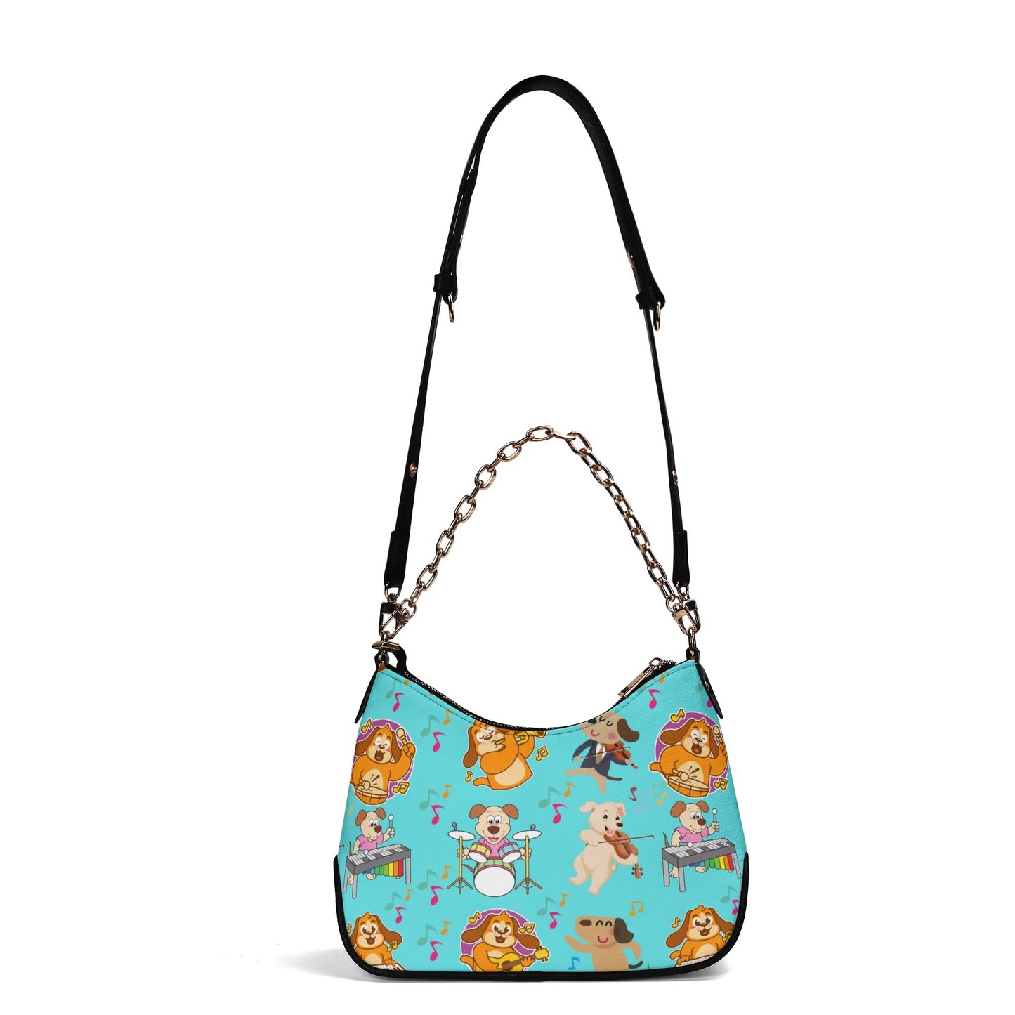 Dogs Playing Music Blue Lady PU Shoulder Bag With Chain Decoration