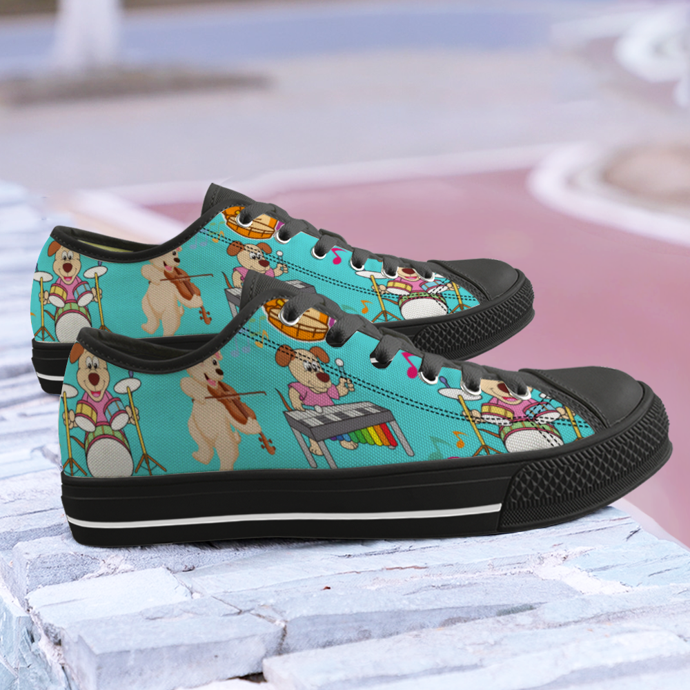 Dogs Playing Music Shoes Unisex Black Low Top Canvas Shoes